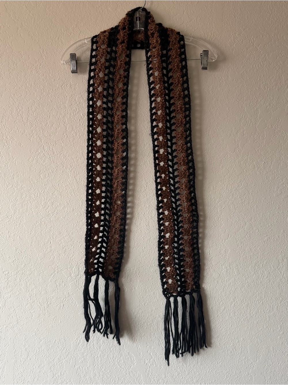 Black And Brown Handmade Fringe Ends Crochet  Loose Knit  Scarf